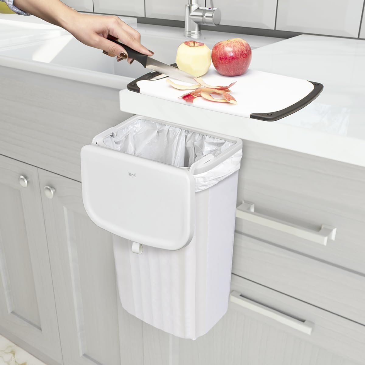 Glad Roomate Under Counter Waste Bin | Space Saving Small Trash Can for Kitchen Cabinet, Bathroom or Office | Dual Lid for Ease of Opening, 12 Liter, White