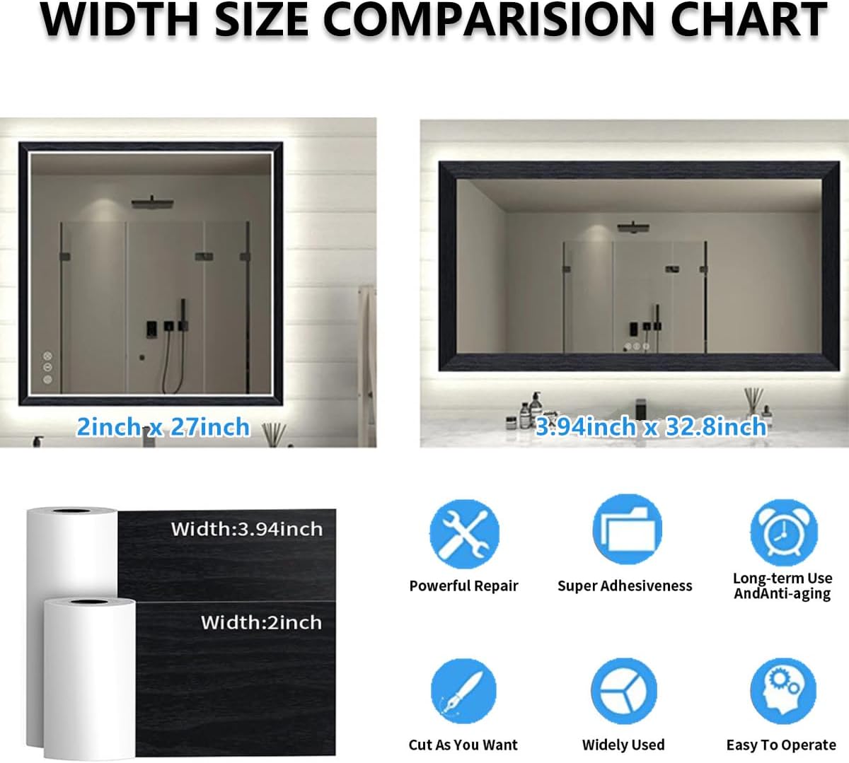 DESOMINOR 27FT Black Border Peel and Stick Black Wood Grain Wallpaper Border Removable Waterproof Bathroom Mirror Frame Sticker (Black,2Inch x 27Ft)