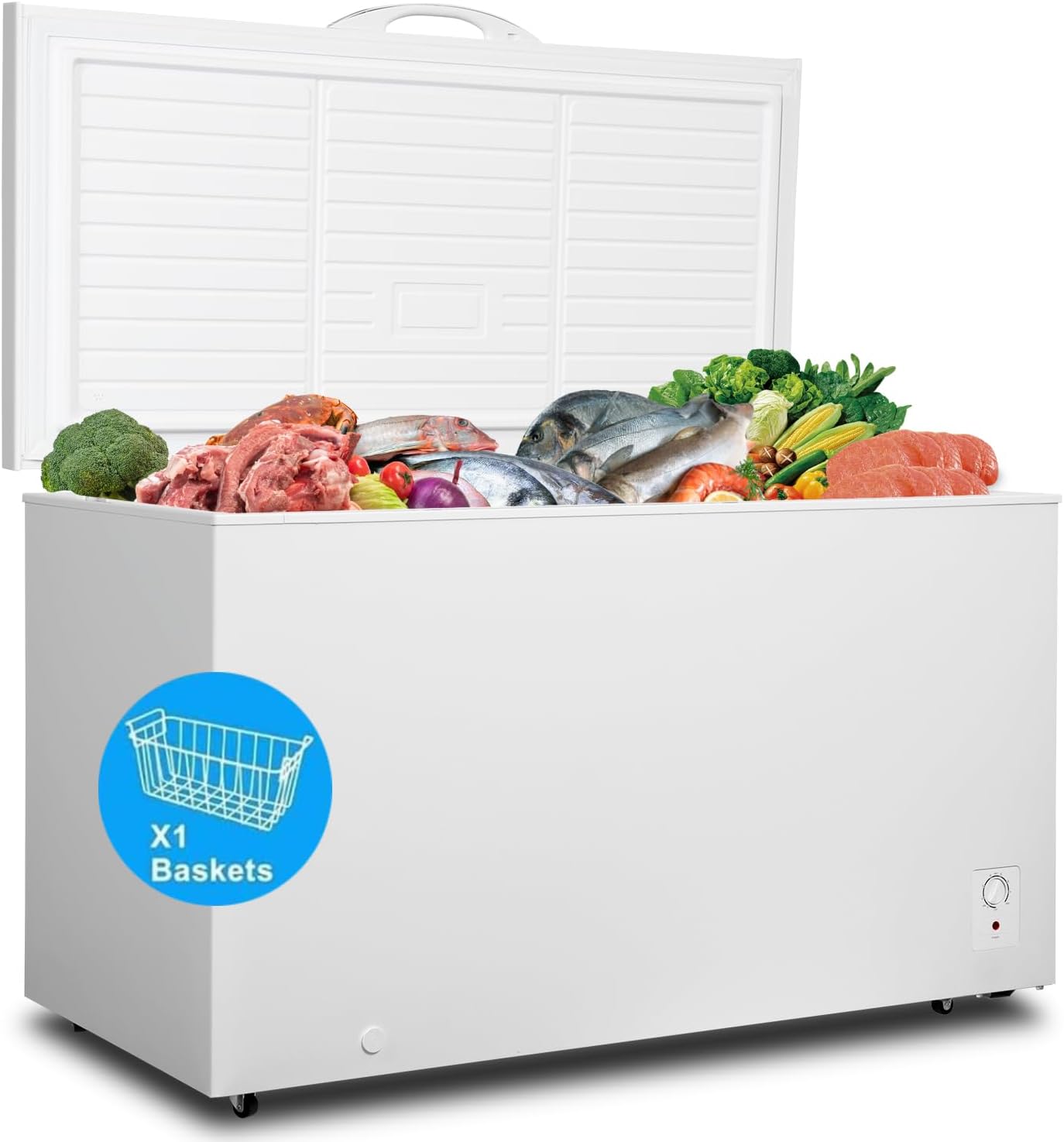 SMETA Chest Freezer, 10 Cubic Feet Deep Freezer with 3 Basket, Garage Ready, Low Noise, Adjustable Thermostat, Energy Saving with 4 Wheels for Kitchen, Office, Meat, House, Commercial, White