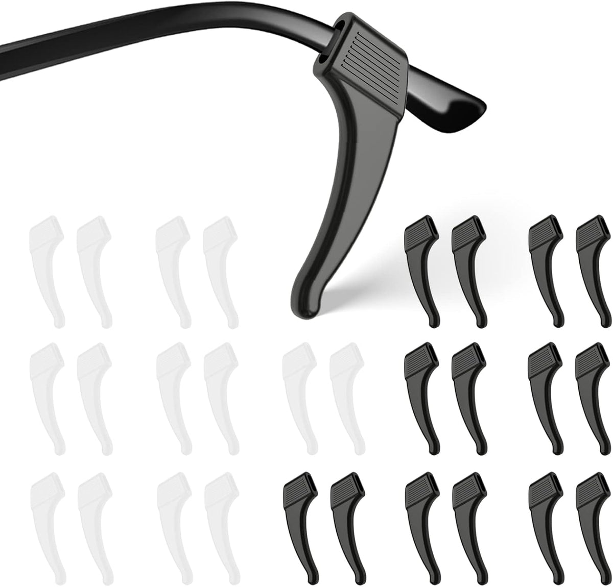 SMARTTOP 20 Pairs Anti-Slip Eyeglass Ear Grips Hook, Comfortable Silicone Elastic Eyeglasses Temple Tips Sleeve Holder-For Eyeglasses Sunglasses Spectacles Glasses Reading (10 Black&10 Clear)