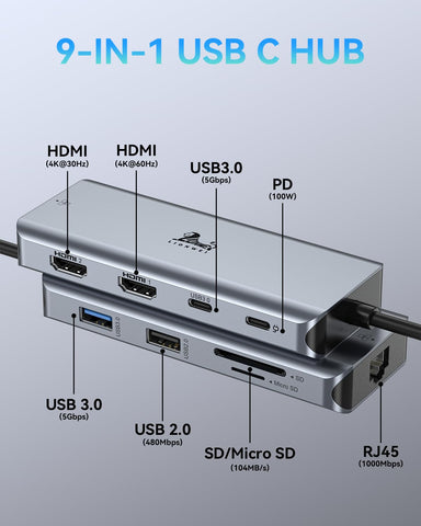 LIONWEI 9 in 1 Laptop USB C Docking Station, Dual HDMI, 100W PD, USB C 3.0, Ethernet, Audio/Mic, USB C Hub for Dell/Surface/HP/Lenovo Laptops