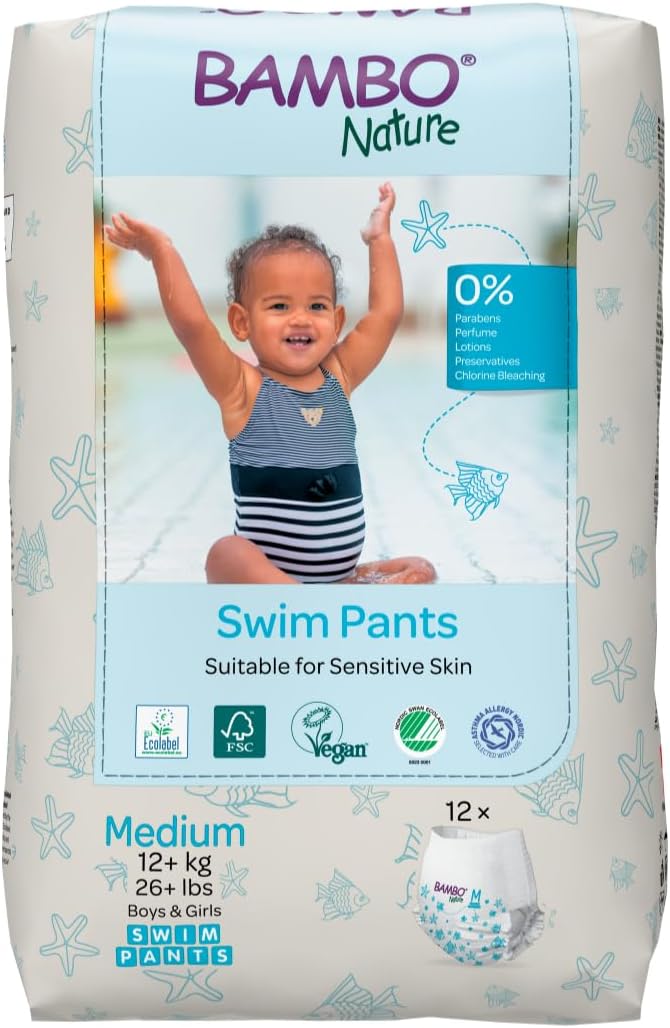Bambo Nature Hypoallergenic Swim Pants, Eco-Labelled Swim Diapers, Double Leak Barriers - Medium (26+lbs) - 120 Count