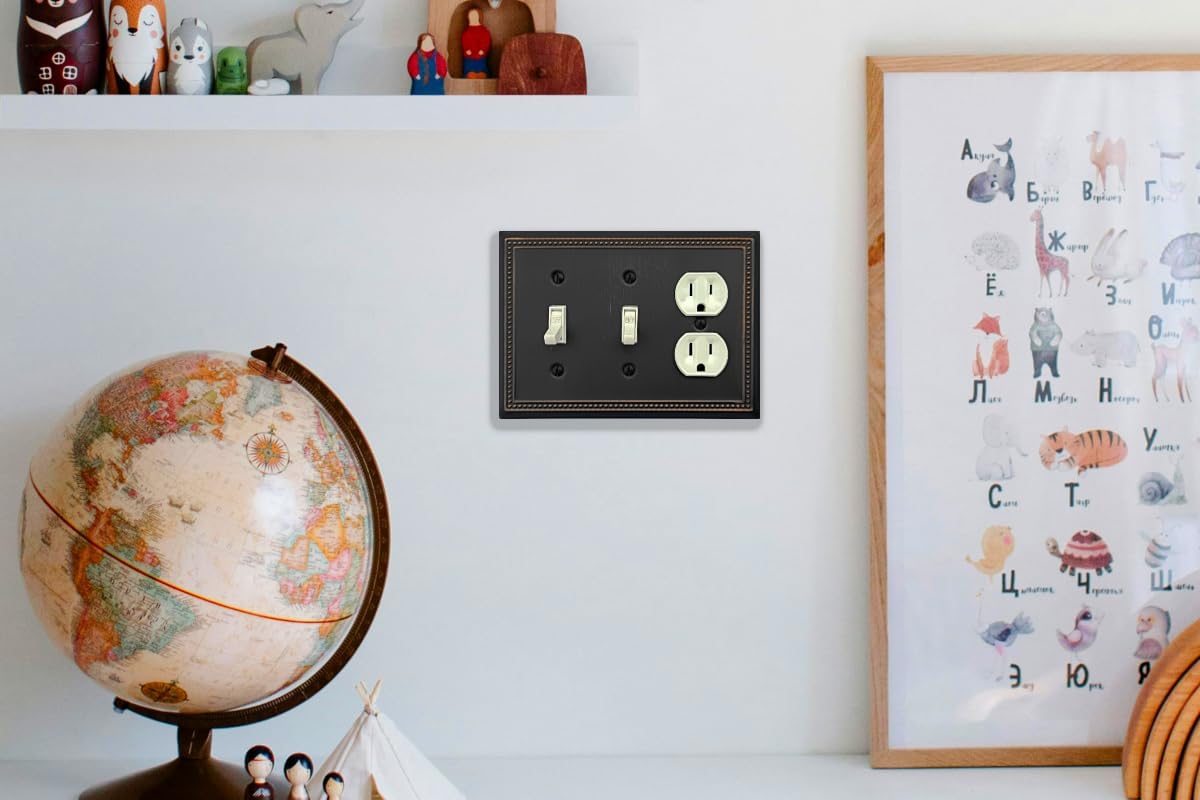 OKAWYC Double Toggle/Single Duplex Light Switch Cover Belaire Beaded Metal Wall Plate, 2-Pack Aged Bronze 3 Gang, Oil Rubbed Bronze Light Switch Cover Outlet Cover Decorative Wallplate, Durable