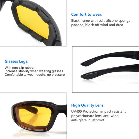3 Pair Motorcycle Riding Glasses Padding Goggles UV Protection Dustproof Windproof Motorcycle Sunglasses for Outdoor Actives