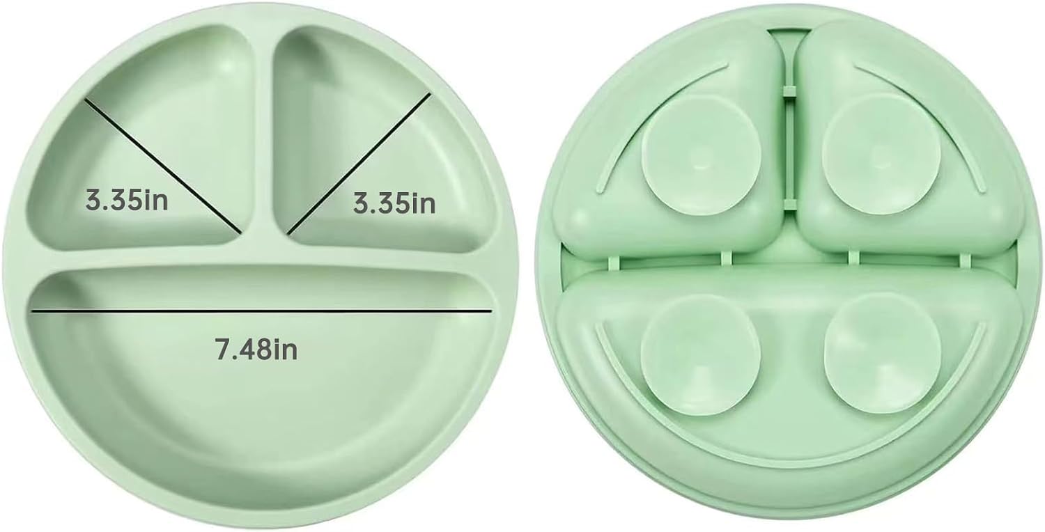 PandaEar Silicone Baby Feeding Set| 2 Pack Silicone Divided Suction Plate and 2 Pack Tiny Cup with 2 Spoons 2 Forks| Baby Led Weaning Supplies Self Feeding Eating Utensils (Blue/Green)
