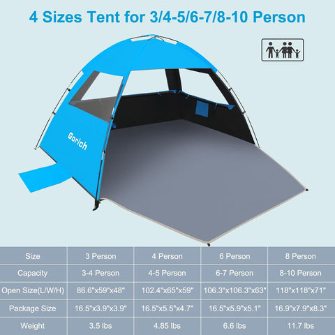 Gorich Beach Tent Sun Shelter for 3/4/6/8/10 Person with UPF 50＋ UV Protection, Lightweight & Easy Setup Beach Shade Canopy, Portable Beach Shade Tent Beach Cabana