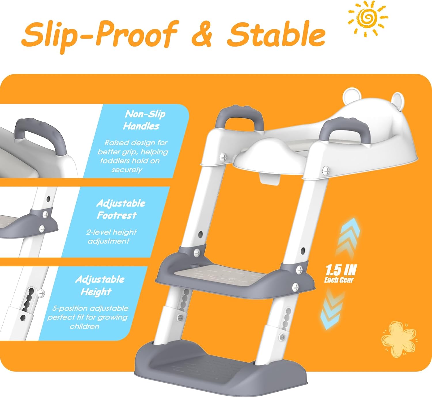 HBTower Potty Training Seat with Step Stool Ladder & Safety Handles,Grey