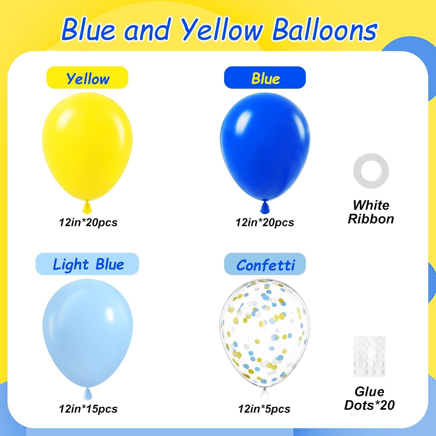 60pcs 12inch Blue and Yellow Balloons with Blue Yellow Confetti Balloons