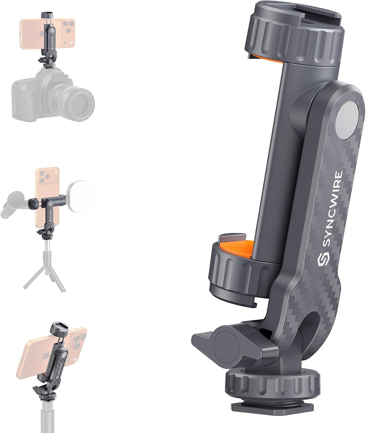 SYNCWIRE Tripod Phone Mount, Universal Smartphone Mount Adapter with 2 Cold Shoe and 1/4" Screw, 360° Rotates and 180° Tilts Adjustable Cell Phone Clamp Holder for Enhancing Mobile Photography Setup