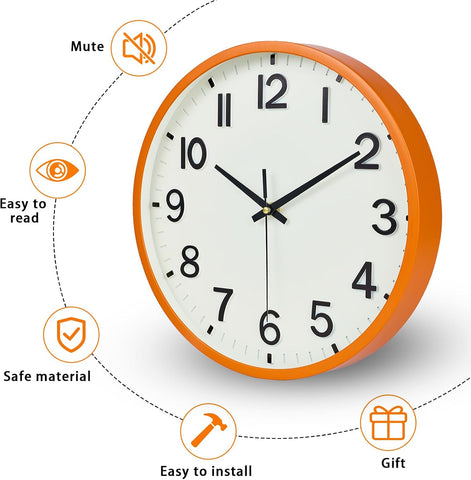 Wall Clock, Modern 8 Inch Small Wall Clocks Battery Operated, Silent Non-Ticking Analog Classic for Office, Home, Bathroom, Kitchen, Bedroom, School(Beige and Orange)