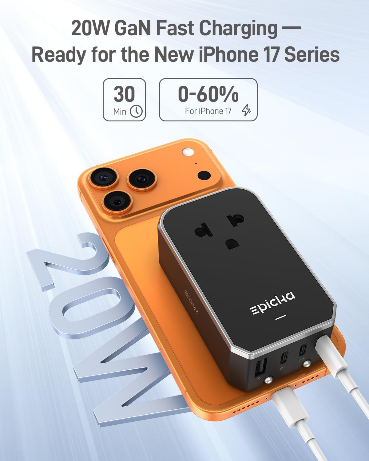 EPICKA Air 20W Universal Travel Adapter PD&QC with 1AC/3USB-C/1USB-A