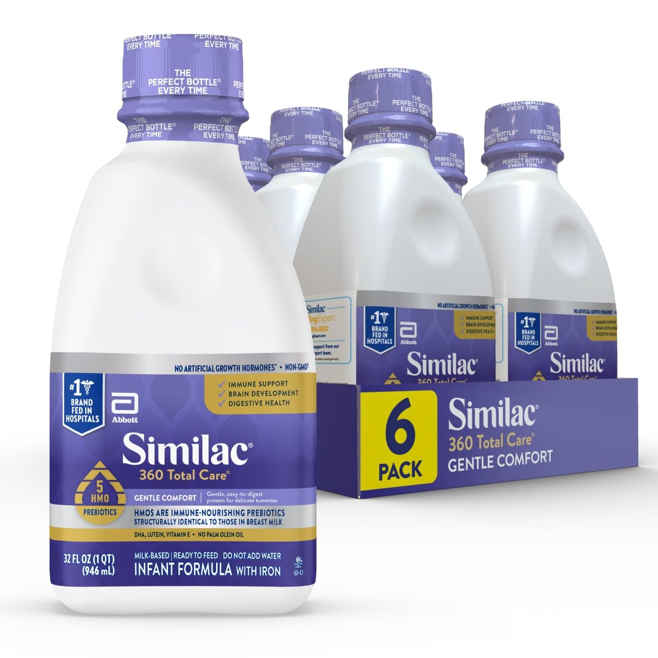 Similac 360 Total Care Gentle Comfort Baby Formula, Easy-to-Digest Formula, Has 5 HMO Prebiotics, Ready-to-Feed Infant Formula, 32-fl-oz Bottle, Pack of 6