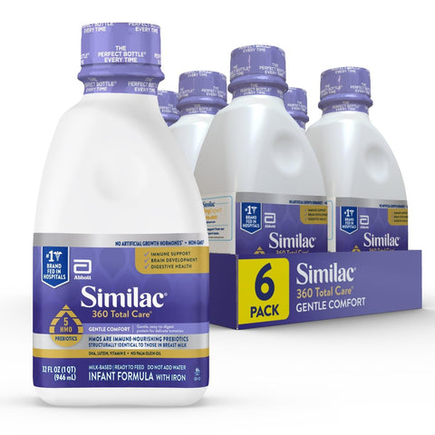 Similac 360 Total Care Gentle Comfort Baby Formula, Easy-to-Digest Formula, Has 5 HMO Prebiotics, Ready-to-Feed Infant Formula, 32-fl-oz Bottle, Pack of 6