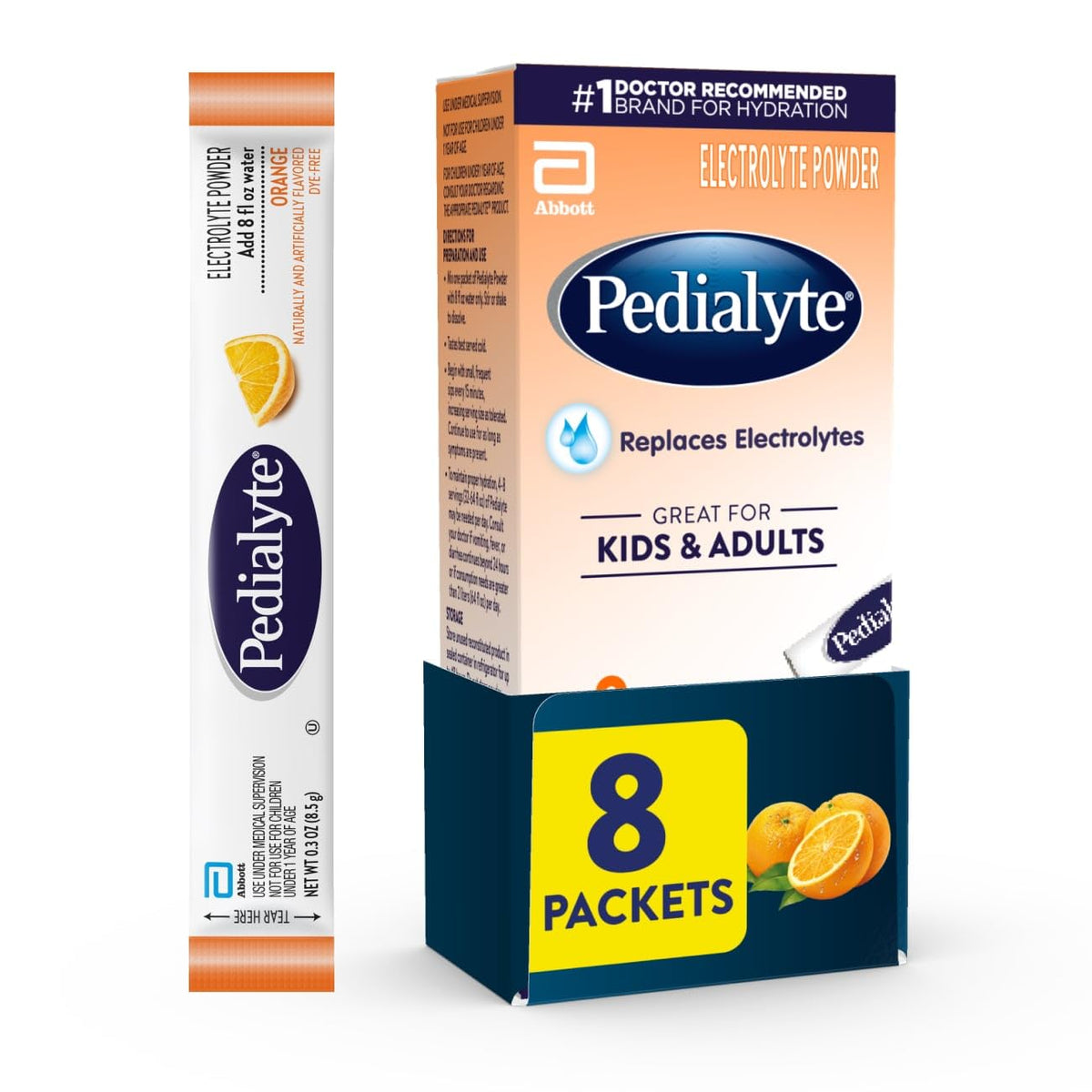 Pedialyte Electrolyte Powder, Hydration Drink for Kids & Adults, Orange, 8 Powder Packets