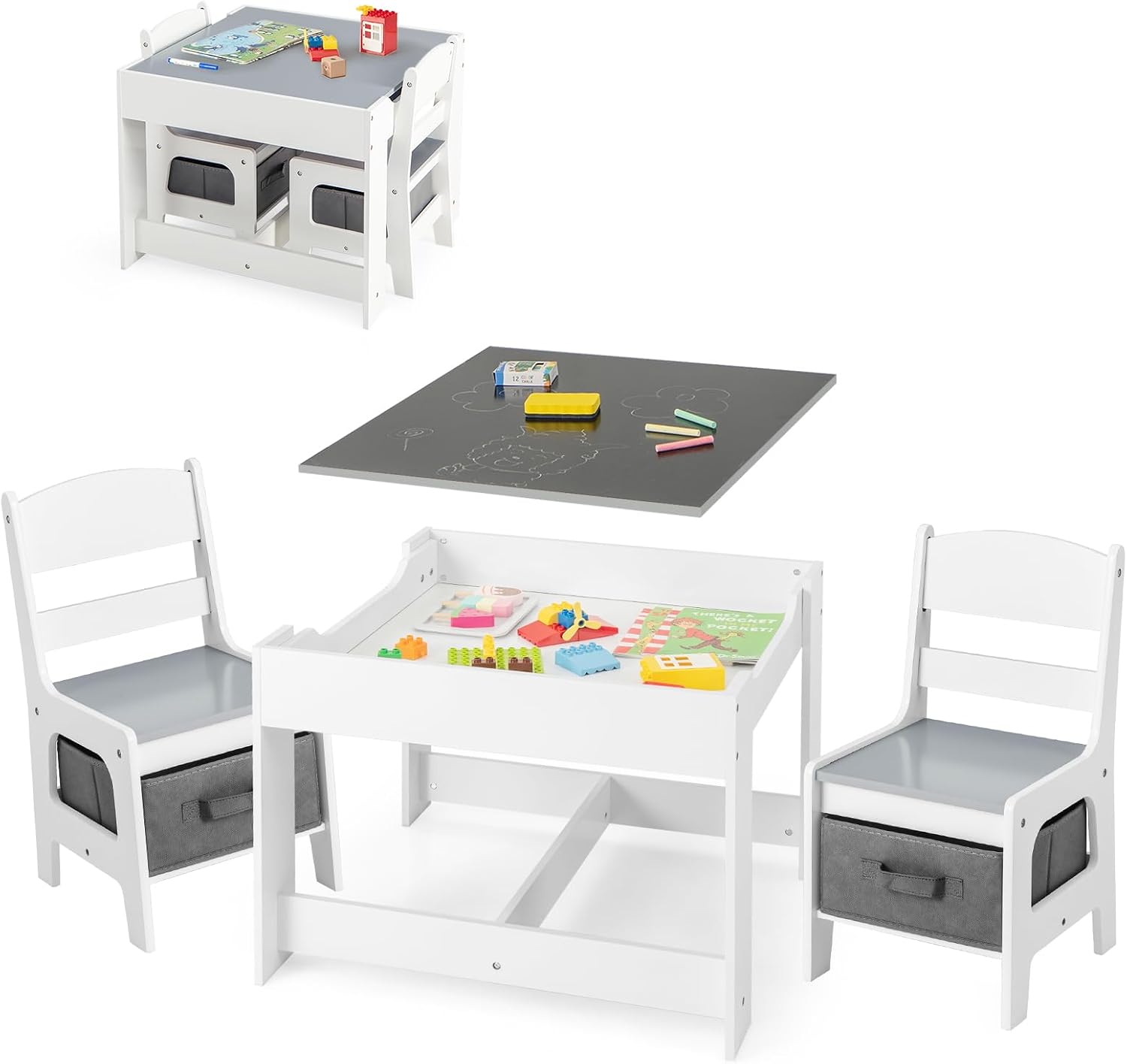 GLACER Kids Table and Chairs, 3 in 1 Wooden Activity Table with Storage, Reversible Tabletop, Chalkboard for Crafts, Drawing, Reading, Toddler Table and Chair Set for Playroom, Easy to Clean(Grey)