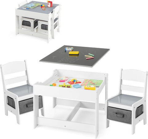 GLACER Kids Table and Chairs, 3 in 1 Wooden Activity Table with Storage, Reversible Tabletop, Chalkboard for Crafts, Drawing, Reading, Toddler Table and Chair Set for Playroom, Easy to Clean(Grey)