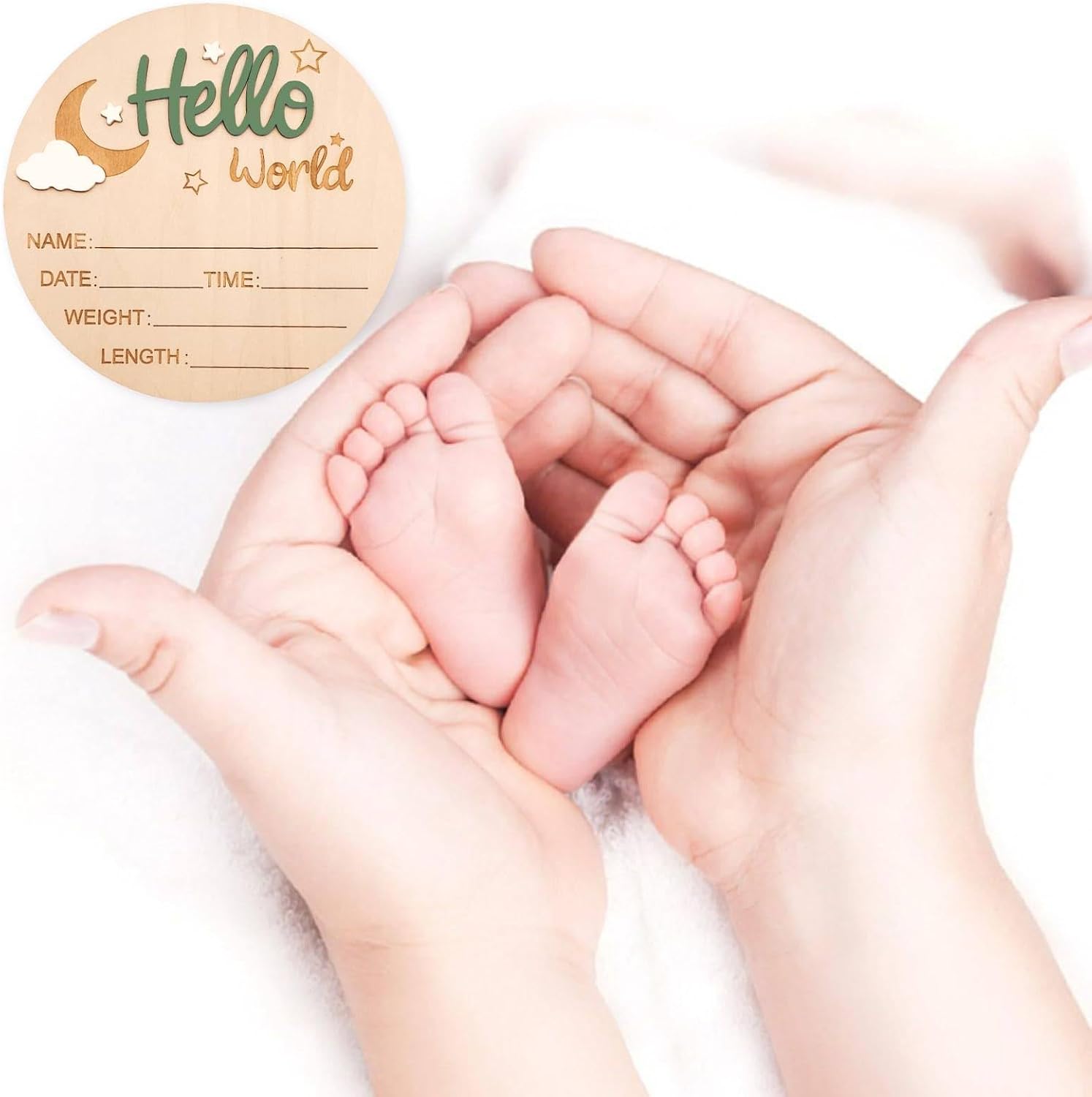 Baby Announcement Sign, 5.9 Inch Wooden Hello World Newborn Signs, Birth Announcement Sign and Pen, Moon and White Cloud Decoration, Welcome Newborn Arrival to World (Avocado Green)