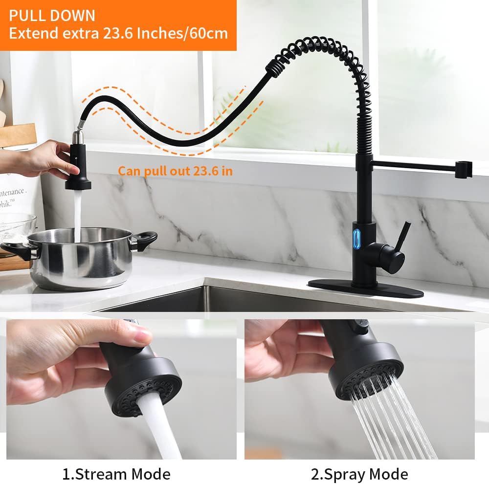 Touchless Pull Down Kitchen Faucet LED Light Black