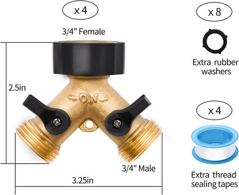 4 Pack Hose Splitter, 2 Way Heavy Duty Brass Garden Hose Splitter, for 3/4" Hose Connector, Brass Garden Hose Manifold with Rubber Washers & Tapes