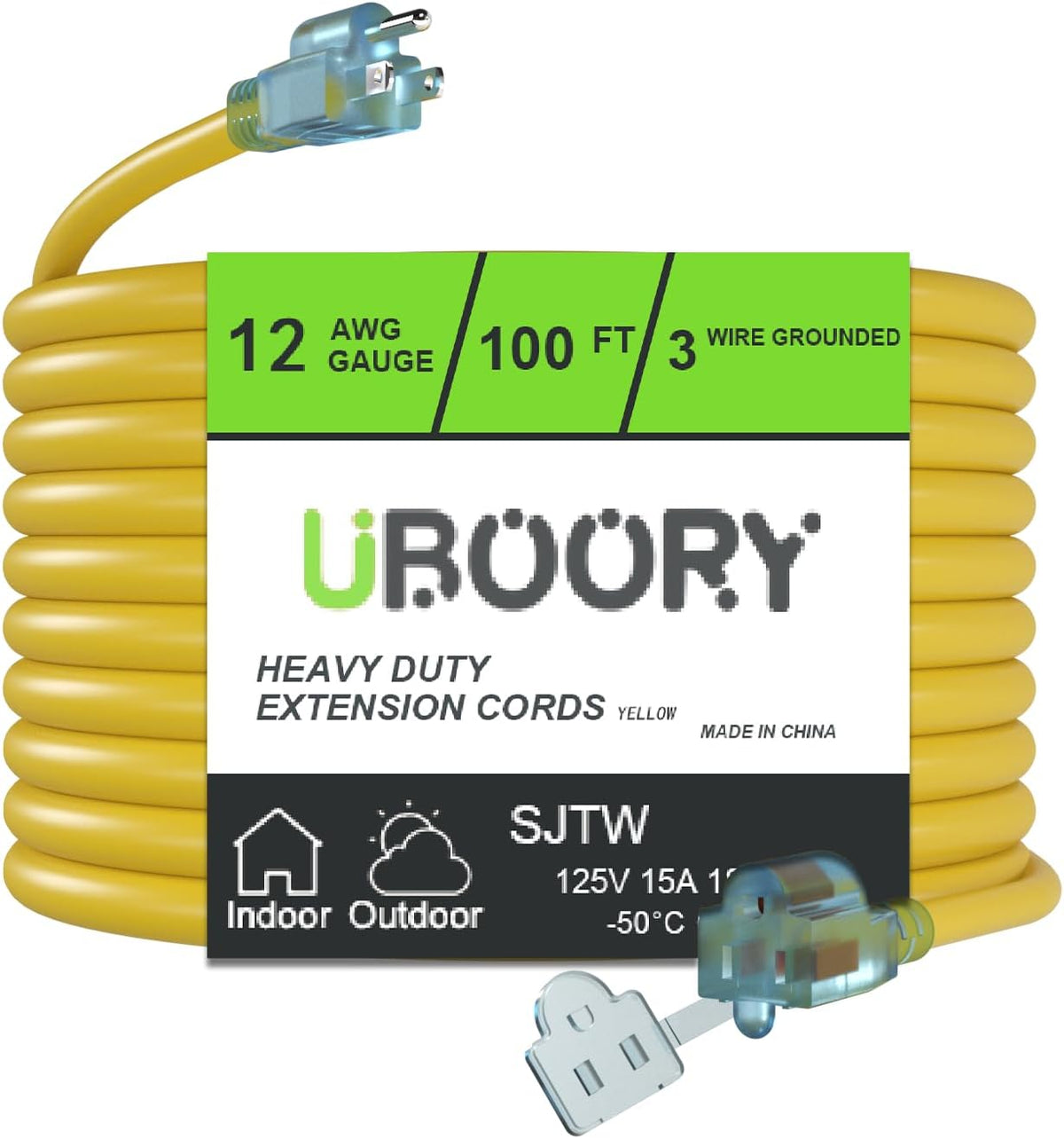 Outdoor Extension Cord Waterproof 100 FT, Yellow 12/3 SJTW Heavy Duty, Flexible 100% Copper 3 Prong Extension Cord for Lawn, Garage