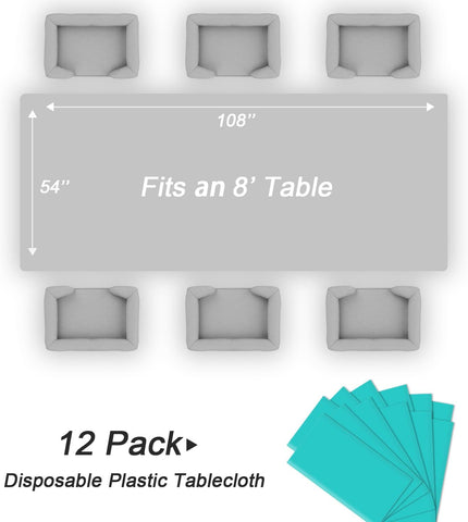 QIKSION 12 Pack Teal Plastic Tablecloth, Turquoise Table Cloth Disposable