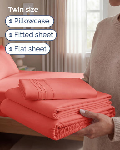Twin Size 3 Piece Sheet Set - Comfy Breathable & Cooling Sheets - Coral