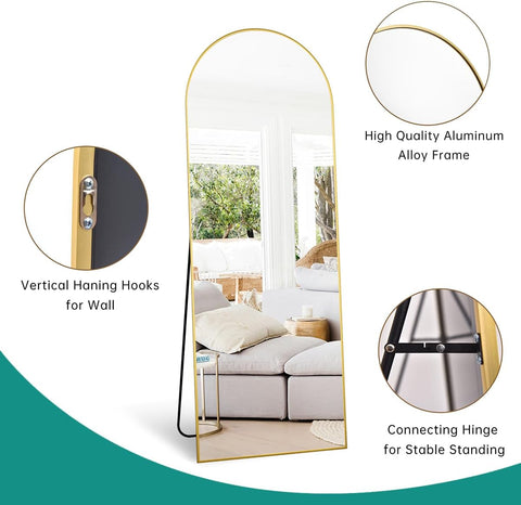 65''x22'' Arched Full Length Mirror with Stand, Full Body Mirror, Mirrors Full Length Floor Freestanding, Wall Mounted Mirrors for Bedroom Living Room Cloakroom (Gold)
