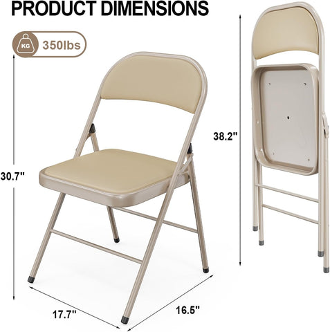 VINGLI 8 Pack Folding Chairs with Padded Seats, Metal Frame with Pu Leather Seat & Back, Capacity 350 lbs, Set of 8, Khaki