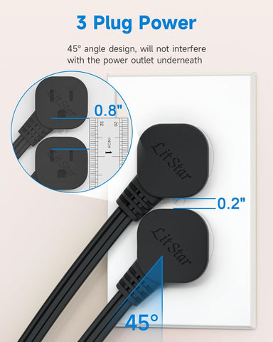 Flat Plug 3Ft Short Extension Cord, 90-Degree Plug Low Profile Power Adapter, 3-Prong Indoor Grounded Small Extension Cord Black 16AWG 13A 1625W 2 Pack