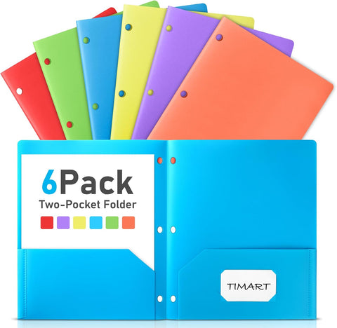 Timart 2-Pocket Folders, Plastic Folders with Pockets 3 Hole Punched-6 Pack
