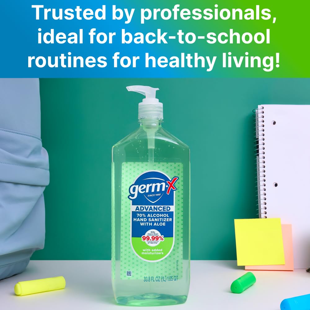 Germ-X Advanced Hand Sanitizer with Aloe and Vitamin E, 1 Liter, Less Drying Moisturizing Gel, No Rinse Formula, Pump Bottle