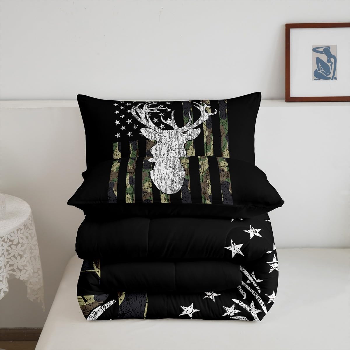 American Flag Comforter Set,Deer Hunting Down Comforter Army Green Military Camo Bedding Set Full For Boys Teens Kids Man,Western Farmhouse Stars Stripes Bedding Quilt Set Bedroom Decor 3 Pcs