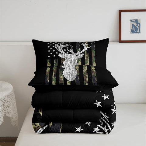 American Flag Comforter Set,Deer Hunting Down Comforter Army Green Military Camo Bedding Set Full For Boys Teens Kids Man,Western Farmhouse Stars Stripes Bedding Quilt Set Bedroom Decor 3 Pcs