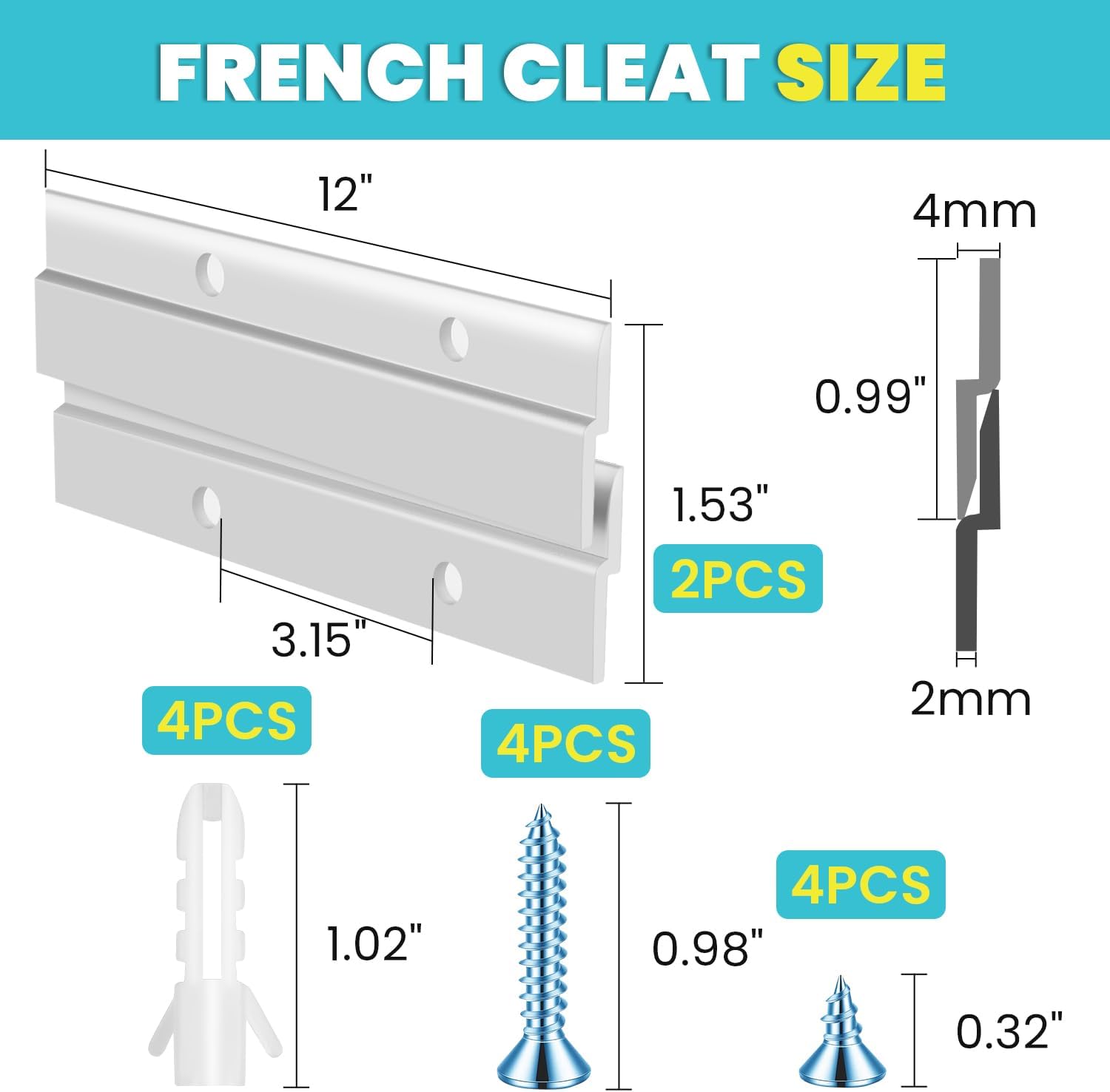 FURWEY French Cleat, Picture and Mirror Hanger, Aluminum French Cleat, Headboard Wall Mounting Brackets with Screws(12 Inch-1 Pair, Support 80 lbs) (Pack of 3)
