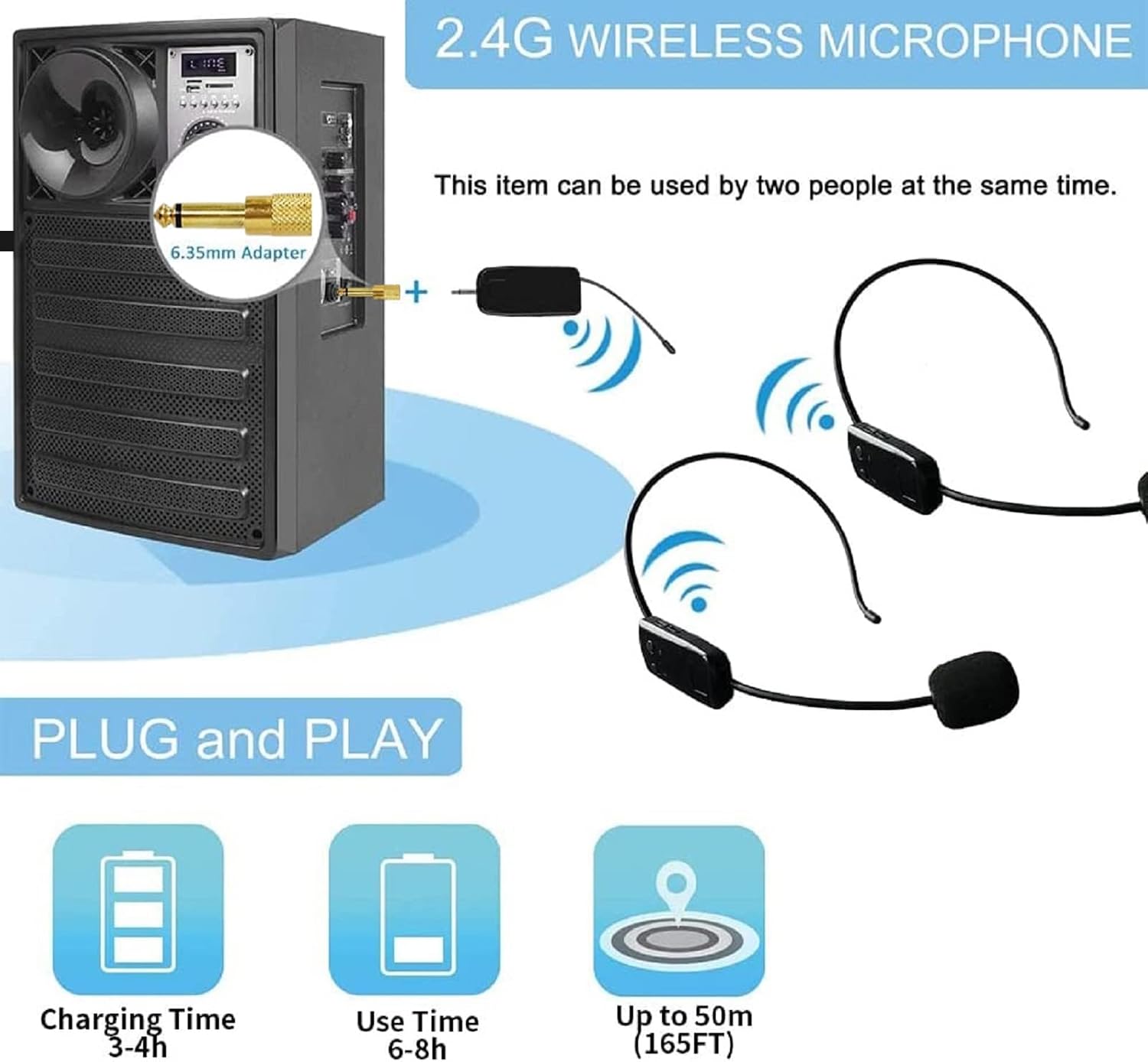 Wireless Microphone System for 2 People, 2.4G Dual Wireless Headset Mics Ideal for Speakers, Voice Amplifier, PA System, Teacher, Tour Guides, Fitness Instructor