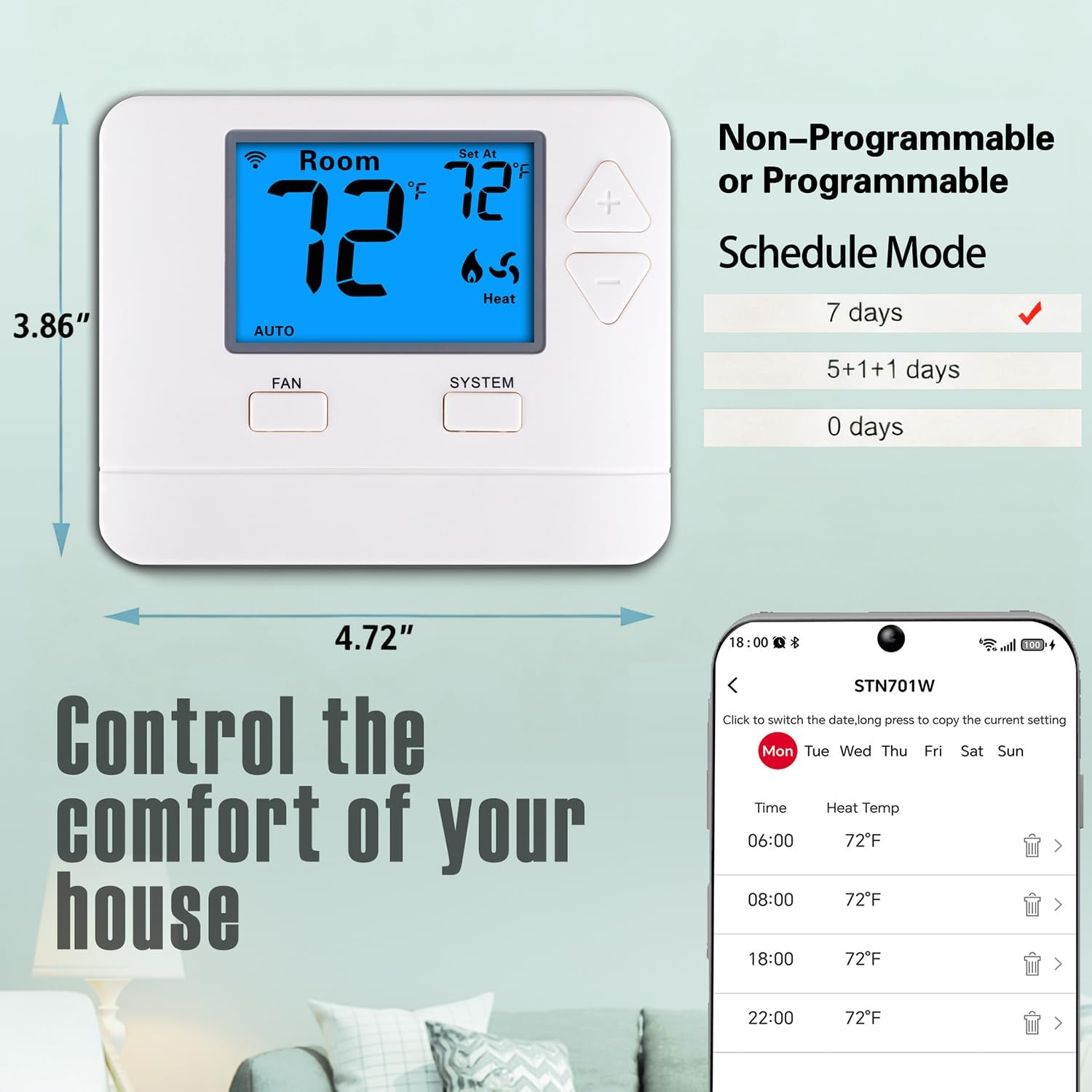 WiFi Thermostats for Home Smart Thermostat Single-Stage 1Heat/ 1Cool, APP Remote Control, 7-Day or 0-Day Programmable. (C-Wire Required)