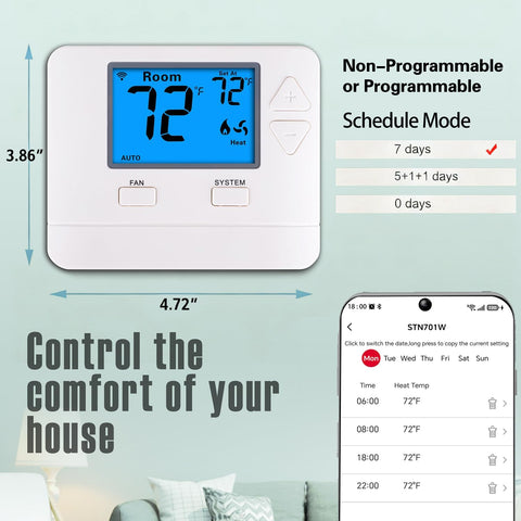 WiFi Thermostats for Home Smart Thermostat Single-Stage 1Heat/ 1Cool, APP Remote Control, 7-Day or 0-Day Programmable. (C-Wire Required)