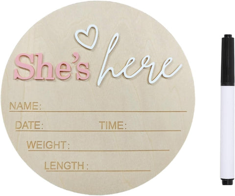 Baby Announcement Sign, ​5.9 Inch Wooden Hello World Newborn Signs, Birth Announcement Sign, Gender Reveal Signs, He's here Decoration, Welcome Newborn Arrival To World (She's,Pink-D)