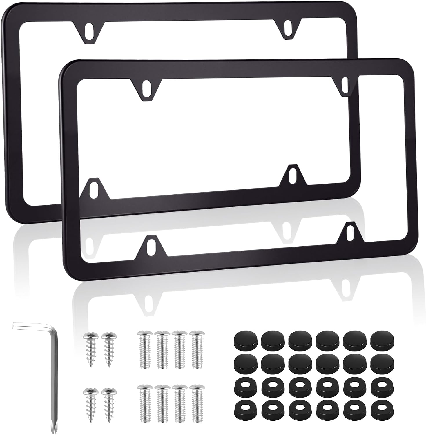 Alpmosn 2PCS Stainless Steel License Plate Frames, 4 Holes Car Licence Plate Covers with Screws Washers and Caps, Car Exterior Accessories, License Plate Holder for US Vehicles (Black)