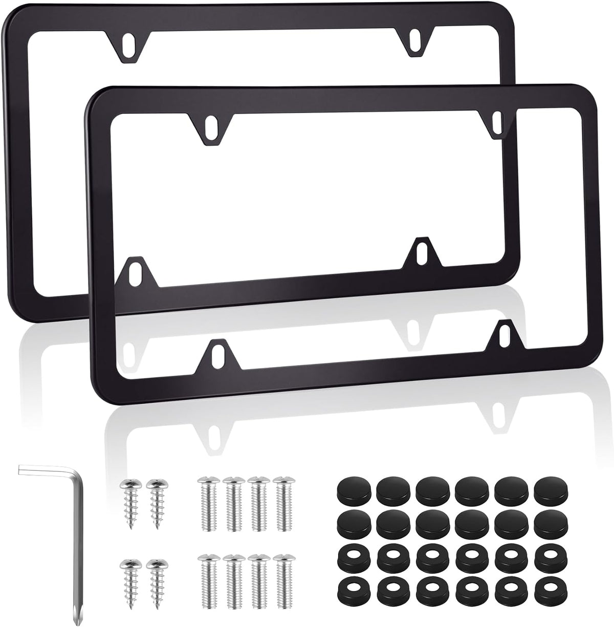 Alpmosn 2PCS Stainless Steel License Plate Frames, 4 Holes Car Licence Plate Covers with Screws Washers and Caps, Car Exterior Accessories, License Plate Holder for US Vehicles (Black)