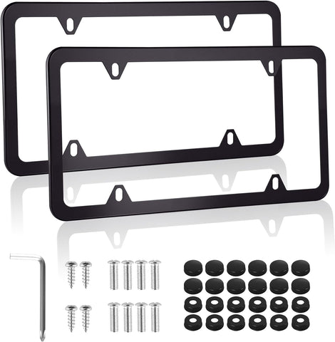 Alpmosn 2PCS Stainless Steel License Plate Frames, 4 Holes Car Licence Plate Covers with Screws Washers and Caps, Car Exterior Accessories, License Plate Holder for US Vehicles (Black)