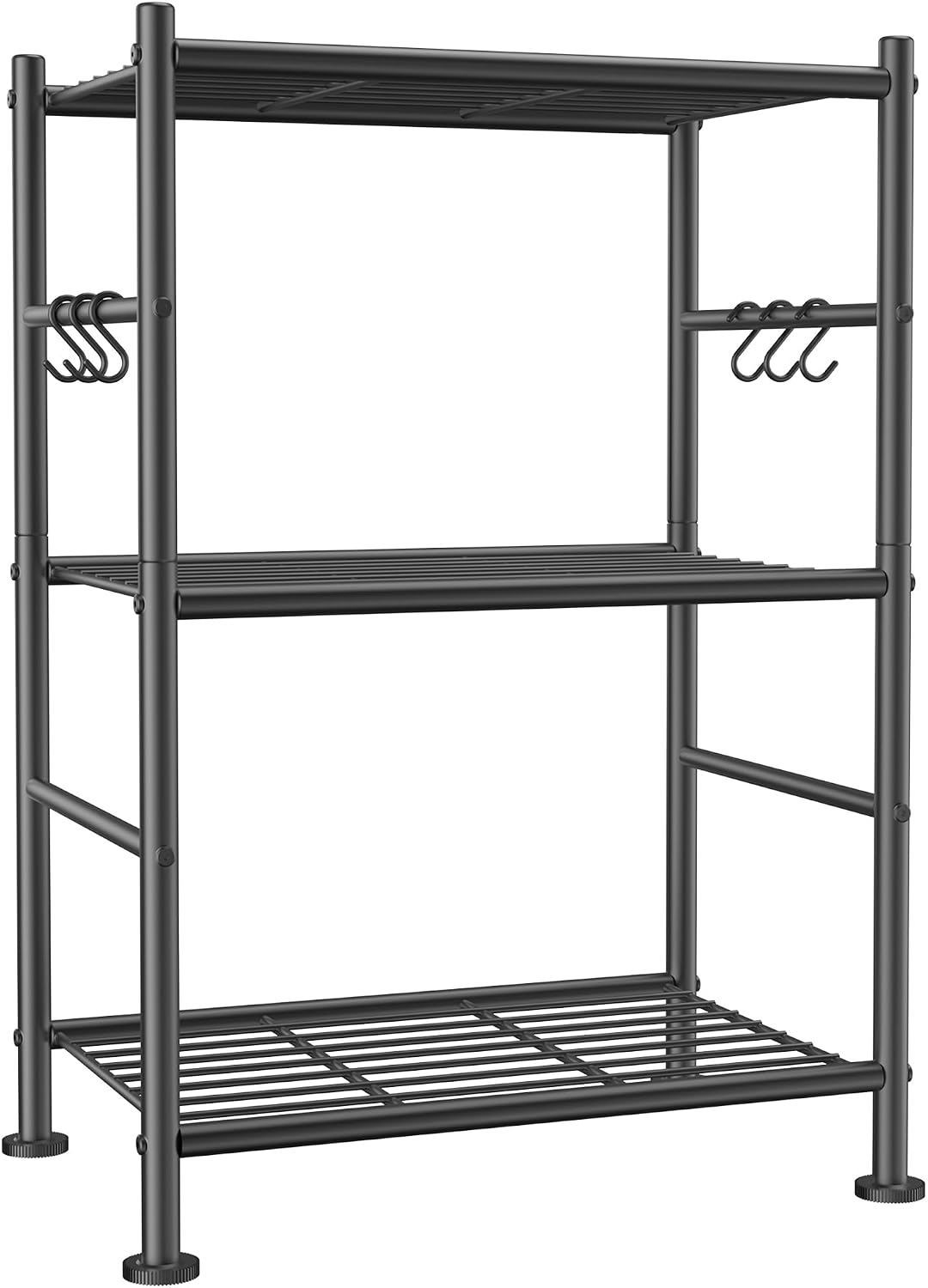 Sakugi Storage Shelves - 3-Tier Large Capacity Shelf Organizer with Hooks, Heavy-Duty Garage Shelving with Leveling Feet, Wobble-Free Rack for Bedroom, Balcony, Garage, 18.1"×12.4"×29.4", Black