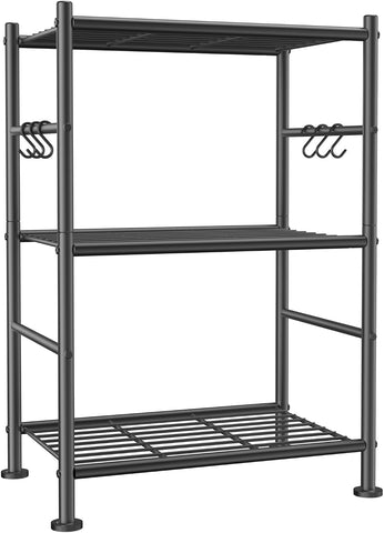 Sakugi Storage Shelves - 3-Tier Large Capacity Shelf Organizer with Hooks, Heavy-Duty Garage Shelving with Leveling Feet, Wobble-Free Rack for Bedroom, Balcony, Garage, 18.1"×12.4"×29.4", Black