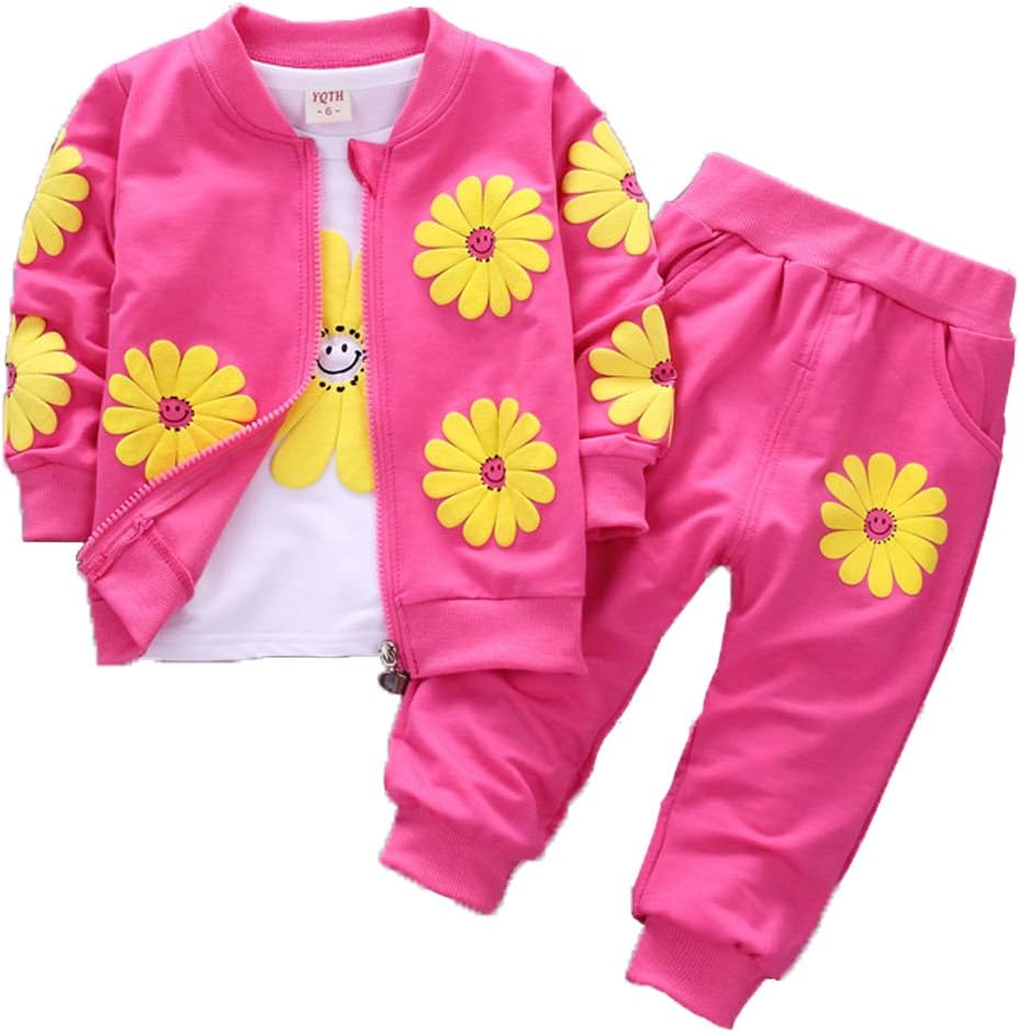 Yao 1-5Years Toddler&Little Girls Flowers Print 3 Piece Sets T Shirt Vest and Pants