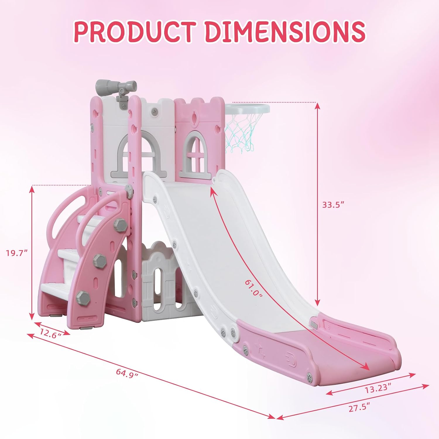 LulliSpace 6 in 1 Toddler Slide,Kids Climber Slider for Indoor Outdoor Playground with Basketball Hoop,Storage and Telescope,L Shaped Slide for Toddler Climber Playset