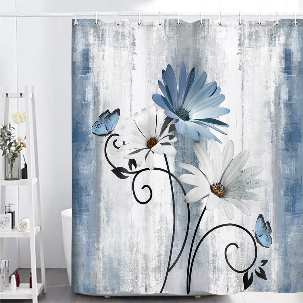 Rustic Farmhouse Shower Curtain, Farm Blue Daisy Floral Flowers and Butterfly on Country Wooden Shower Curtain for Bathroom, Turquoise Blue Bathroom Shower Curtains with 12PCS Hooks, 70X84IN