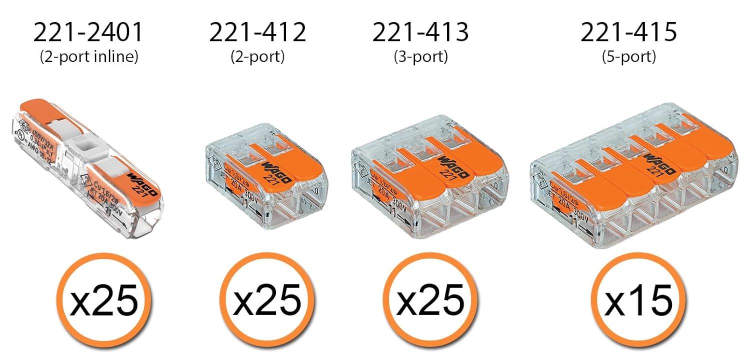 WAGO 221 Lever Nuts 90pc Compact Splicing Wire Connector Assortment with Case. Includes 221-2401, 221-412, 221-413, 221-415
