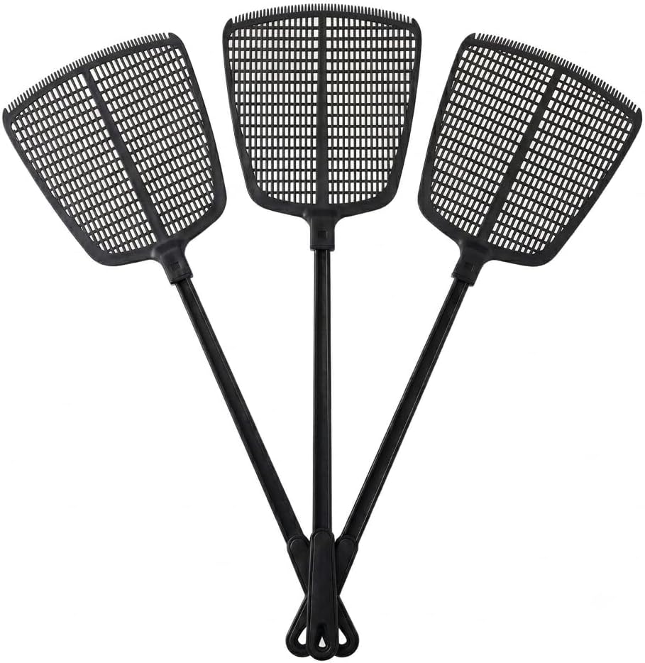 Fly Swatter for Indoors - Heavy Duty 20" Fly Swatters Multi Pack - Long Handle Plastic Manual Flyswatter Mesh Head - Black, 3 Pack