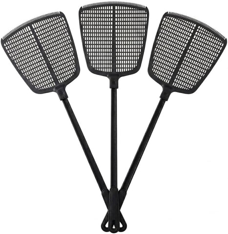 Fly Swatter for Indoors - Heavy Duty 20" Fly Swatters Multi Pack - Long Handle Plastic Manual Flyswatter Mesh Head - Black, 3 Pack
