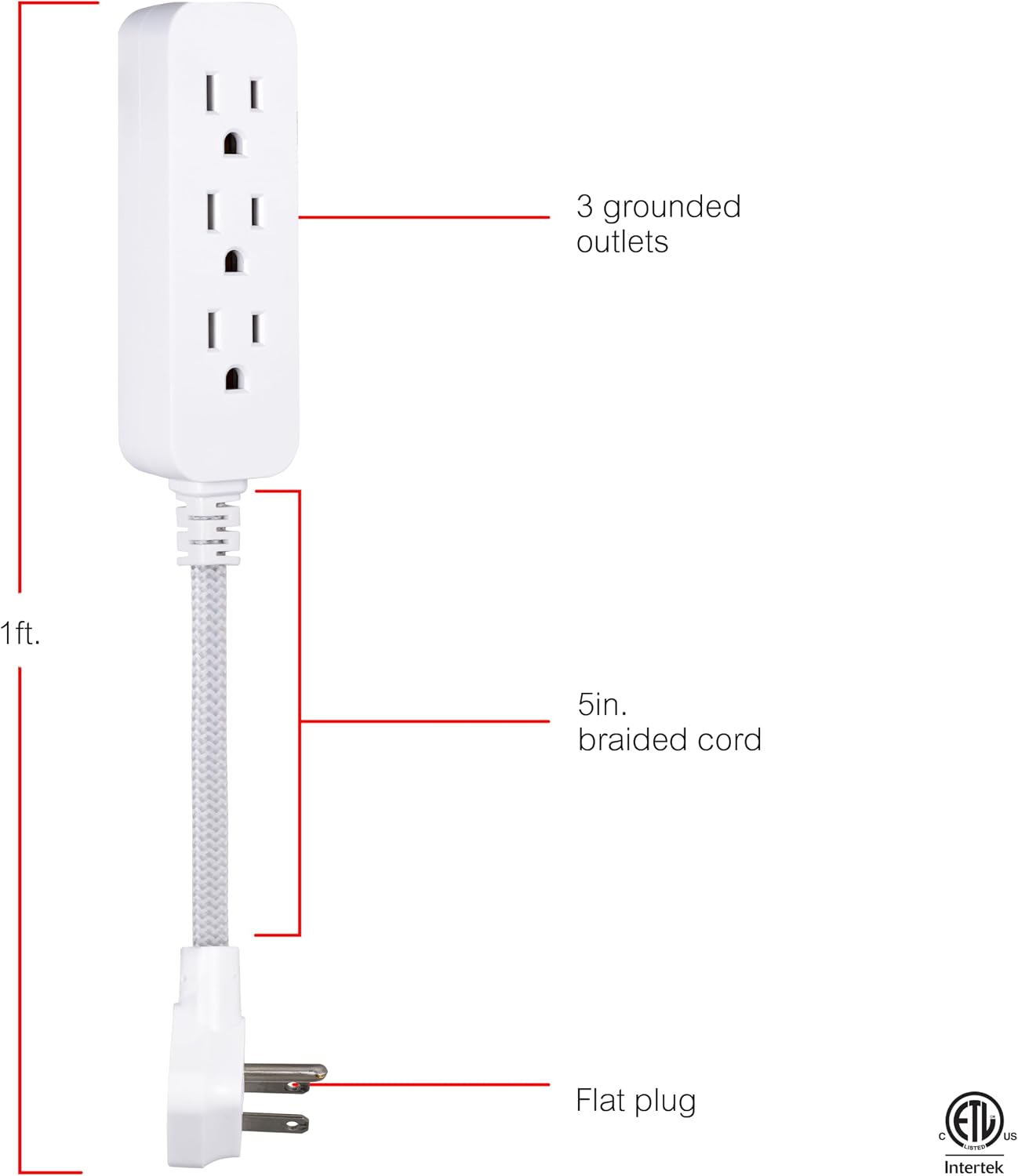 GE 3-Outlet Power Strip 5 Inch Braided Extension Cord with Multiple Outlets